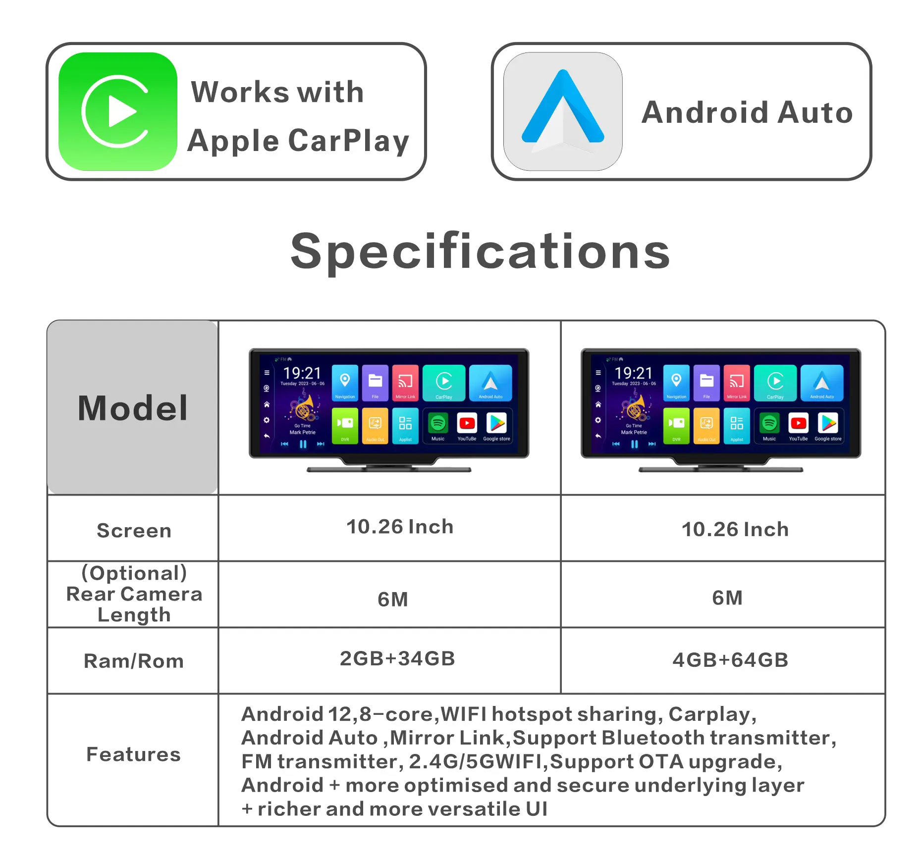 10.26 inch 4 + 64GB Android 12 Wifi Carplay & Android tự động GPS Navigation không dây Carplay
