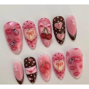 เล็บปลอมลูนาเนลลายเชอร์รี่ดอกไม้ประดับโบว์ ทำมือ ปิดเต็มเล็บ แบบกดติด ดีไซน์ตารางสีชมพูใหม่ พร้อมกาวในตัว วัสดุ ABS อเนกประสงค์ - Product Image 1