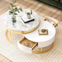 Nouveau Design Table Basse Gigogne Ronde Crème Moderne avec Tiroirs, Table Nid Circulaire Or et Blanc pour Salon