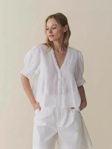 Blusa Francesa de Verano para Mujer, Blanca, Vintage, Tejida, Transpirable, con Pliegues, Adorno de Encaje, Cuello en V, Manga Abullonada, Hermosa - Product Image 3