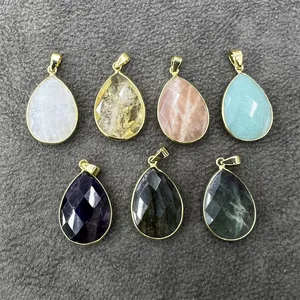 hot sale high quality faceted crystal necklace handmade water drop pendant bezel natural gemstone amethyst labradorite pendants