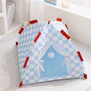 Pet Kennel <b>Tent</b> Blue Checkered Collapsible Dog Cat Bed Portable Outdoor Indoor Use Four Seasons <b>Small</b> Pet House - Product Image 1