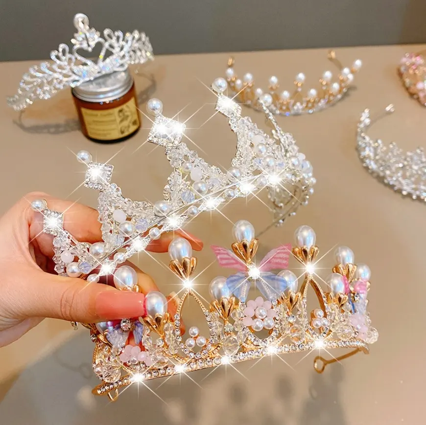 Wholesale Children Cosplay Hairbands Crown Kids Butterfly Pearl Hair Hoops Girls Princess Birthday Party Crystal Tiaras for Gift