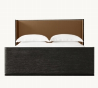 Lit plateforme traditionnel RH LIGNE Double Queen/King avec tête de lit en tissu blanc éclatant et cadre en chêne massif chaud