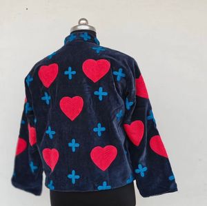 Velvet <b>Mandarin</b> <b>Collar</b> <b>Jacket</b> Women's Full Sleeve Red Heart Applique Pattern Autumn Zipper Closure Regular Length Women's <b>Jacket</b> - Product Image 4