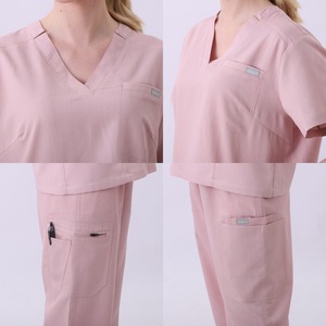 Women's V Neck Short Sleeve Scrub Set Polyester Hospital Uniforms For Nurses Split Design With Pockets In Pink And Green - Product Image 3