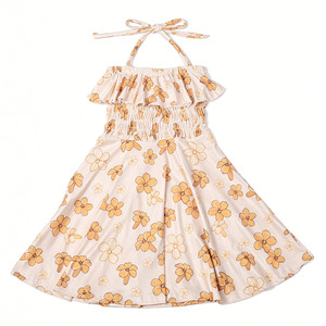 Vestido de Bambú/Algodón Personalizado para Niñas con Tirantes Ajustables, Cuello Fruncido, Mangas Cortas Tipo Linterna con Volantes y Pétalos para Bebés y Niñas Pequeñas - Product Image 2