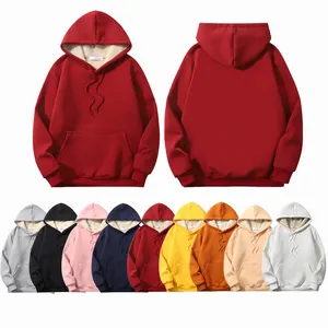 FEIBAI Red Lambs Wool Plain Custom Logo Unisex Hoodies Sweatshirt Regular Fit Thicken Warm Wool Pullover Sherpa Hoodie