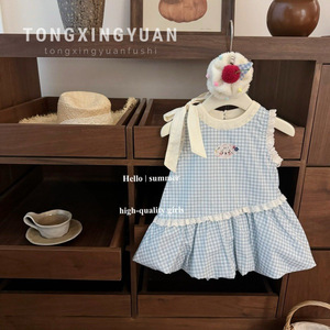 Child Star Circle Girls Blue Plaid Sleeveless Dress With <b>Bow</b> Breathable Summer Wear - Product Image 1