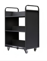 Chariot à livres en acier à 3 niveaux avec bords de protection, équipement de bibliothèque, chariot à livres mobile en métal avec étagères en forme de T