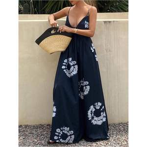 Robe longue bohème personnalisée pour femme, imprimé floral, dos nu, col en V profond, sans manches, coupe trapèze, en mousseline fluide, taille empire - Product Image 3