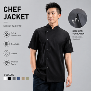 Nouvelle combinaison de chef super-élastique et ajustée pour homme, à manches courtes, respirante, en polyester gaufré, pour la <span class=keywords><strong>restauration</strong></span> et la cuisine - Product Image 1