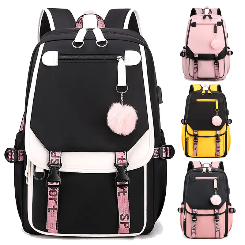 zhengfeng large school bags for teenage girls USB port canvas schoolbag student book bag fashion black pink teen school backpack