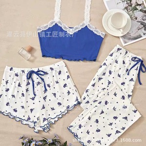 Nuovo Completo <span class=keywords><strong>Pigiama</strong></span> Floreale Sexy da <span class=keywords><strong>Donna</strong></span>, Estivo Sottile con Pantaloni, Abbigliamento da Casa Carino, Set Tre Pezzi Trendy 100% Poliestere con Scollo a V - Product Image 4