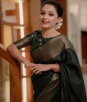 Sari Banarasi Vert Riche avec Bordure Zari Antique, Tenue Traditionnelle de Mariage, Doux, Texture Litchi, Indien, Festif, Ethnique, Infroissable