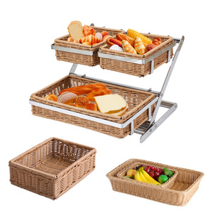 Panier à pain en rotin double couche avec cadre en acier inoxydable, présentoir à buffet à 3 niveaux pour le pain et la présentation en restauration - Product Image 1