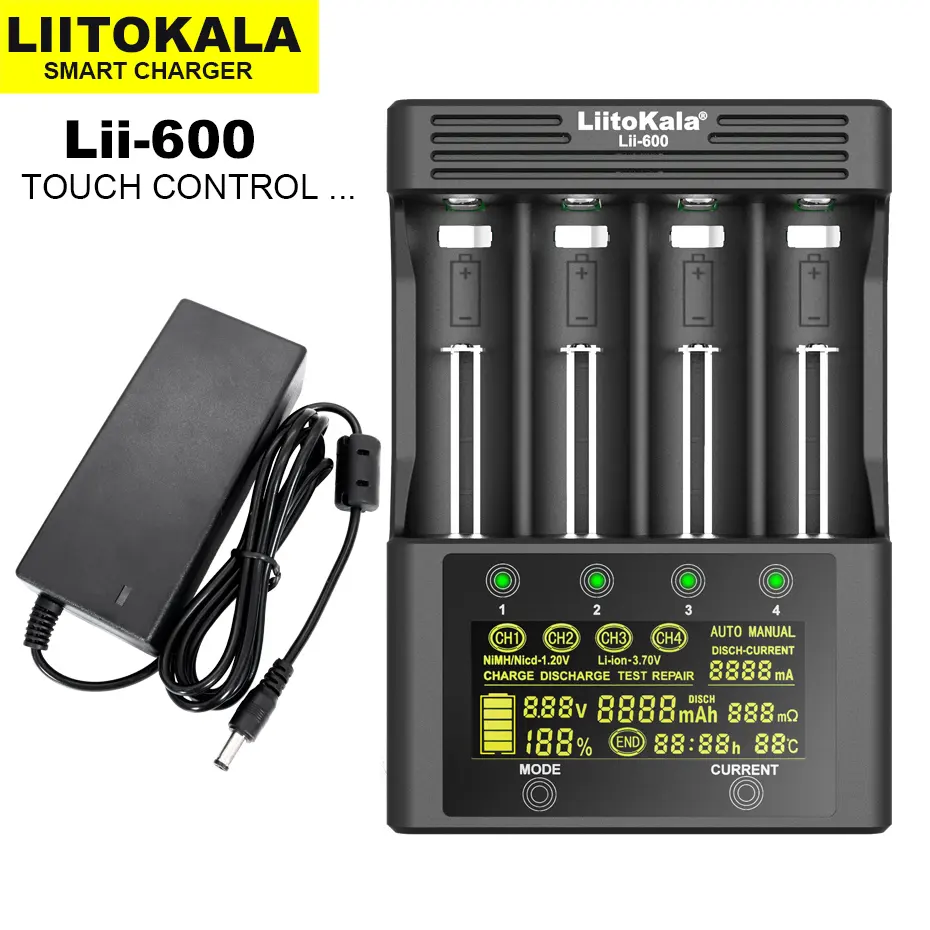 Original Liitokala Lii-600 Battery Charger 4 slots LCD For 18650 21700 26650 Lithium-ion Batteries