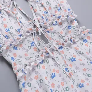 Bayan giysileri yeni 2023 yaz zarif kare boyun yarık etek popüler baskı fransız uzun çiçek elbise