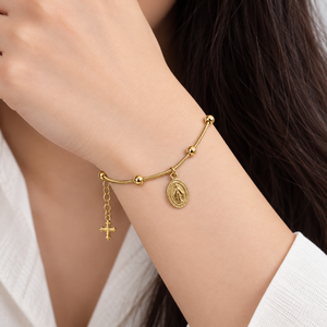 สร้อยข้อมือลูกปัดรูปวงรี สแตนเลสสตีล ตัวล็อคแบบก้ามปู สีทอง - Product Image 5