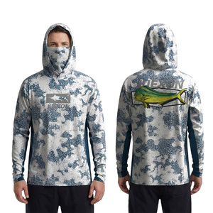 T-shirt à manches longues à capuche pour <span class=keywords><strong>homme</strong></span>, motif camouflage moucheté Mahi Mahi, imperméable UPF50+, séchage rapide, logo personnalisé, pour la pêche, avec <span class=keywords><strong>masque</strong></span> facial intégré - Product Image 1