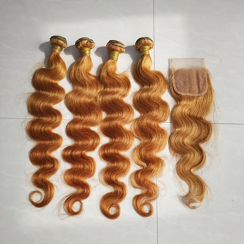 Cheap 10A 12A Blonde Orange Body Wave Human Hair Bundles Extension 4x4 Remy Raw Brazilian Virgin Hair Bundles With Lace Closure