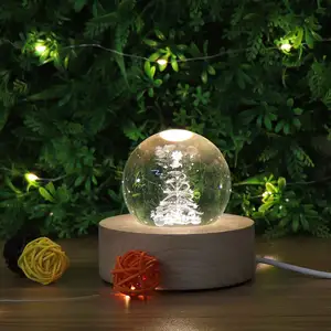 New Style Wood Light Base LED Table Lamp 3D Crystal Night Light For Kids Room