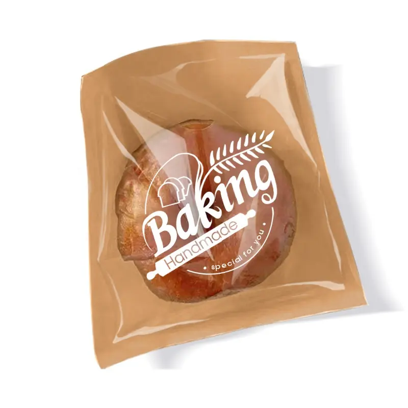 Kantong Penyimpanan Roti Panggang Tahan Minyak Camilan Kukis Kustom Kualitas Tinggi Kantong Kertas Kraft dengan Jendela untuk Tas Kemasan Makanan