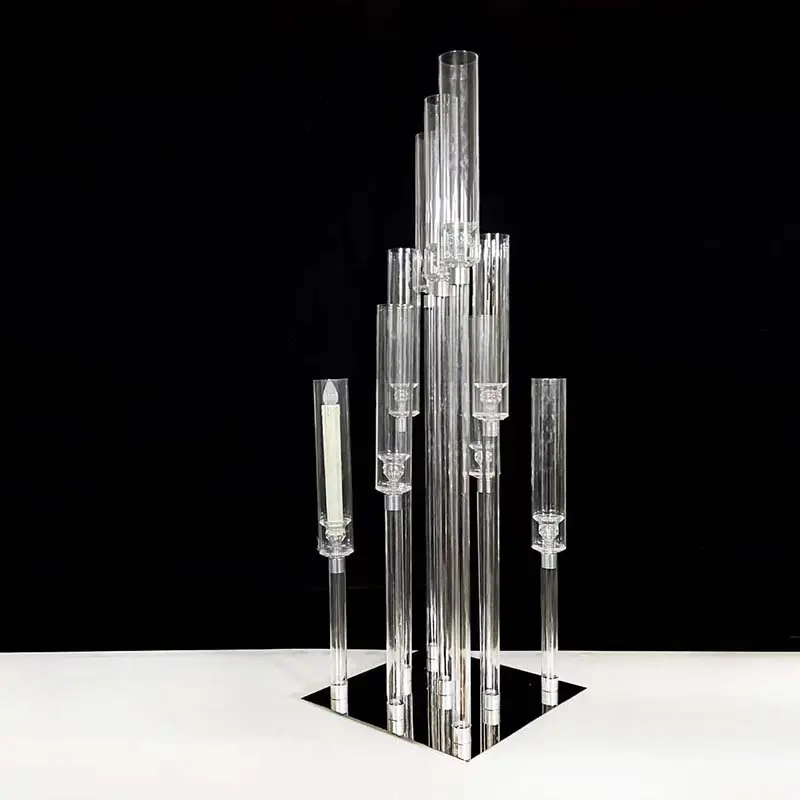 Square 9 Arms Candle Holders Clear Acrylic And Metal Candelabra Centerpiece
