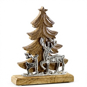 <b>Wooden</b> <b>Christmas</b> <b>Tree</b> With Metal Reindeer Decor Tabletop Rustic Holiday Decoration For Home Winter Season Decorative Objects - Product Image 1