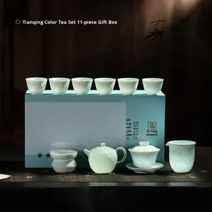 Service à thé Kung Fu en céramique de Jingdezhen, résistant à la chaleur, style vintage, luxe léger, en porcelaine bleu ombre, avec couvercle sculpté, bol, théière et tasses, ensemble <span class=keywords><strong>complet</strong></span> - Product Image 6