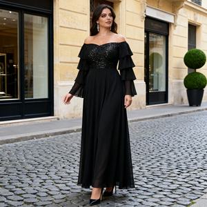 Robe Abaya de soirée élégante en polyester brodée de paillettes de qualité supérieure pour femmes musulmanes, vente en gros personnalisée - Product Image 3