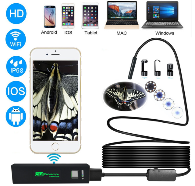 8LED HD 1200P Wireless Endoscope WiFI Long Focus 8MM Industrial Duct air Conditioning Car Inspection Endoscope IP68