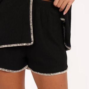 Ensemble de pyjama deux pièces tricoté pour femme, col en V, manches courtes, style décontracté, couleur unie, nouvelle collection été, vente chaude - Product Image 5