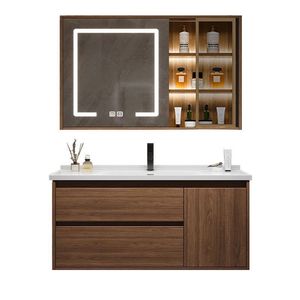 Modern style walnut bathroom cabinet ceramic integrated basin intelligent <b>mirror</b> cabinet set - Product Image 6