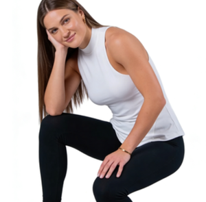 Camiseta <span class=keywords><strong>sin</strong></span> Mangas Blanca para Mujer, <span class=keywords><strong>Cuello</strong></span> Alto Simulado, Ajustada, de Tela Elástica, para Uso Diario Informal, Ejercicio, Oficina - Product Image 4