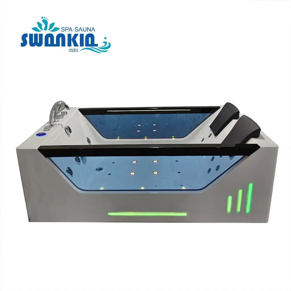 Nouvelle conception de surf autoportante grande bulle de jet d'air 2 personnes fonctionnelle acrylique Hydro Spa Massage verre baignoire à remous