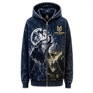 Sweat-shirt à capuche zippé pour homme Long Mission Wolf Moon Print, coupe classique, décontracté, pour l'hiver, 100% coton molletonné respirant - Product Image 4
