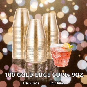 Lot économique de 100 gobelets à vin jetables en plastique de 280 ml, bord doré, design moderne pour mariages, Noël, Halloween, anniversaires - Product Image 2