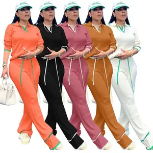 가을 2023 여성 의류 단색 니트 투피스 팬츠 세트 폴로 칼라 셔츠와 와이드 레그 팬츠 세트