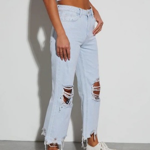 Özelleştirilmiş sıcak satış yıkanmış kot kadın yeni moda yüksek bel kadınlar için gevşek düz delik bacak pantolon kot yırtık - Product Image 5