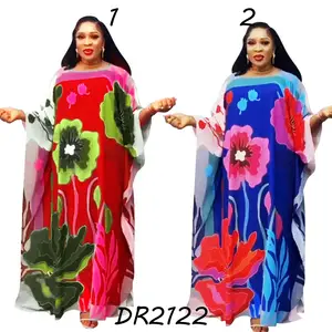 2024 New Arrival Casual African Boubou Dress Printer Free Size Flowers Satin Silk Long Dress for Summer Autumn