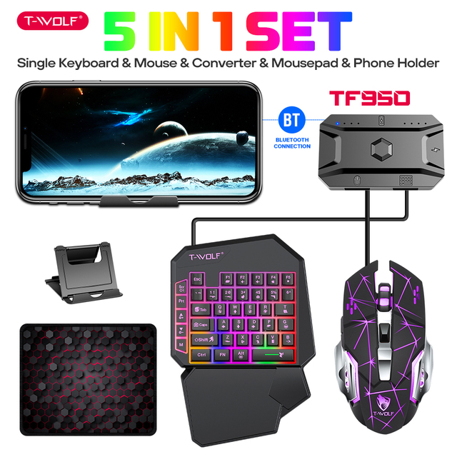 Wholesale TF950 One-Hand Keyboard Five Piece Set Keyboard Mouse Mouse Pad Throne Adapter Phone Stand for Play Phone Game Set
