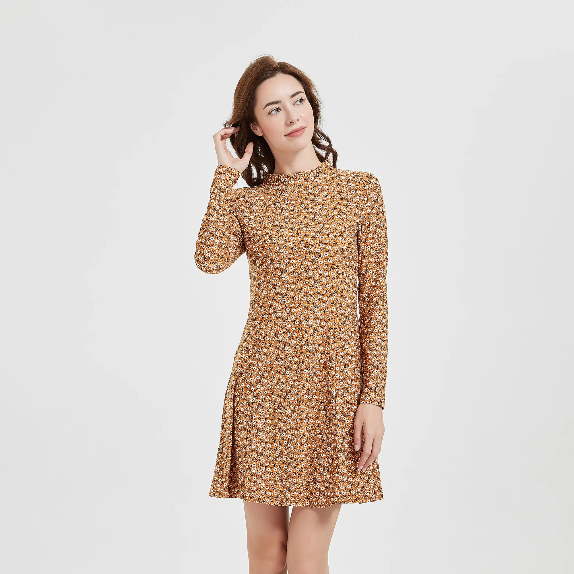 Factory direct sales fashion A Line elegant yellow women long sleeve winter casual dresses