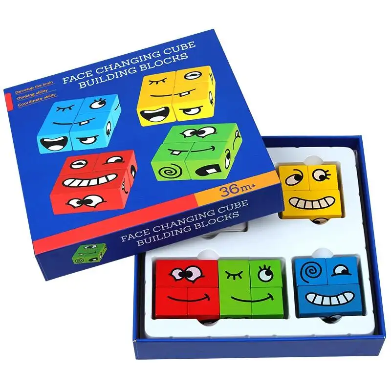 Puzzle d'expression drôle, blocs de construction en bois colorés, jouets intelligents de jeu de table pour enfants d'âge préscolaire