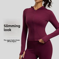 Chaqueta de Yoga con Capucha para Mujer, de Manga Larga, Color Sólido, Ajustada, Elástica, con Cintura Elástica, de Poliéster, Resistente al Viento, para Actividades al Aire Libre