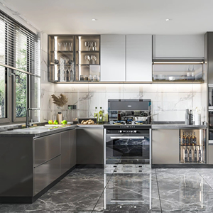 Gabinetes de Cocina Modernos SANTOPOVA, Diseño sin Tiradores en Gris Claro Brillante, Estructura de MDF y Melamina, Incluye Fregadero - Product Image 1