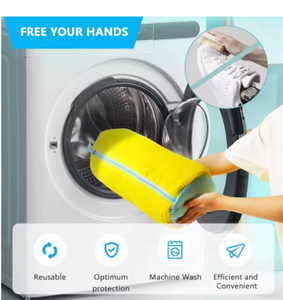 Sac de lavage rond en tissu non tissé durable pour toutes sortes de chaussures - Jaune avec fermeture éclair bleue pour baskets et chaussures décontractées - Product Image 3