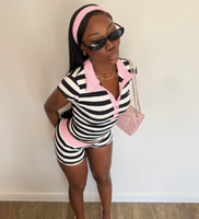 Vêtements d'été pour femmes, ensemble de 2 pièces en coton à rayures, t-shirt court avec boutons, ensemble de shorts contrastés MIAMI, ensembles streetwear pour femmes