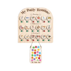 <span class=keywords><strong>Tableau</strong></span> des Tâches Quotidiennes en Bois Gravé pour Tout-Petits – Système de Récompense avec Règles du Matin et du Coucher – Décoration Murale Artisanale pour Enfants - Product Image 1