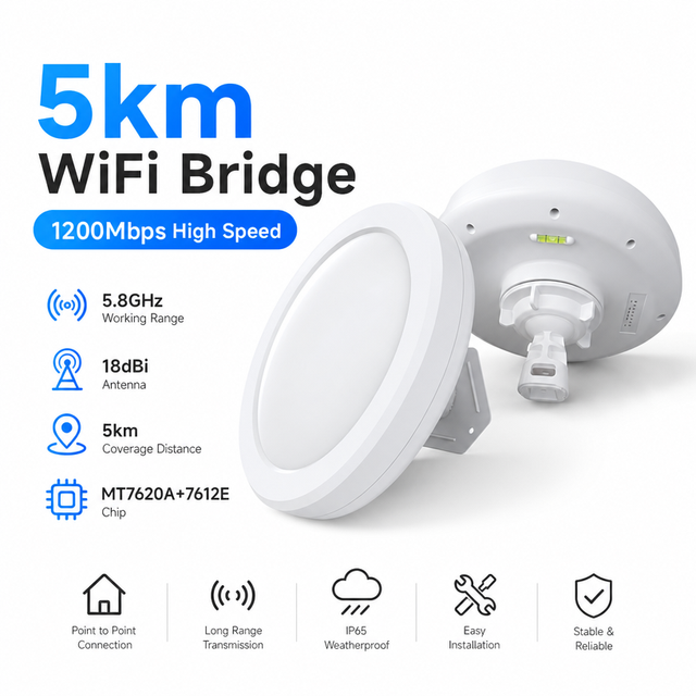 PTP 5KM 5.8GHz 1200Mbps Outdoor Wireless Bridge High Speed Point to Point WiFi Link for Village & Campus Networking